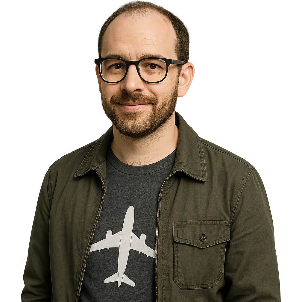 aviation geek short-bearded man, brown hair, slightly balding, close trimmed beard, unique style emoji
