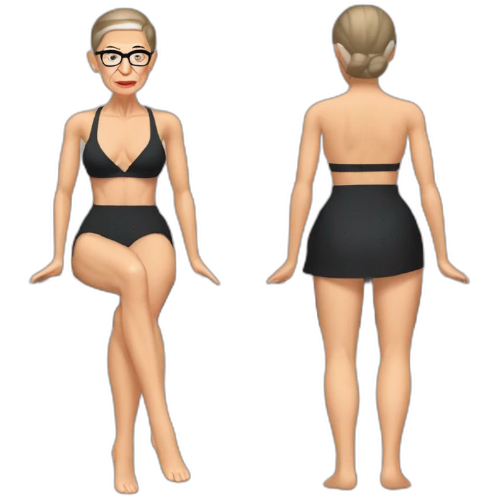 sexy ruth bader ginsburg wearing string bikini top and a skirt acting out that scene from basic instinct sitting facing forward legs apart(full body, ios17, sitting legs spread apart) emoji