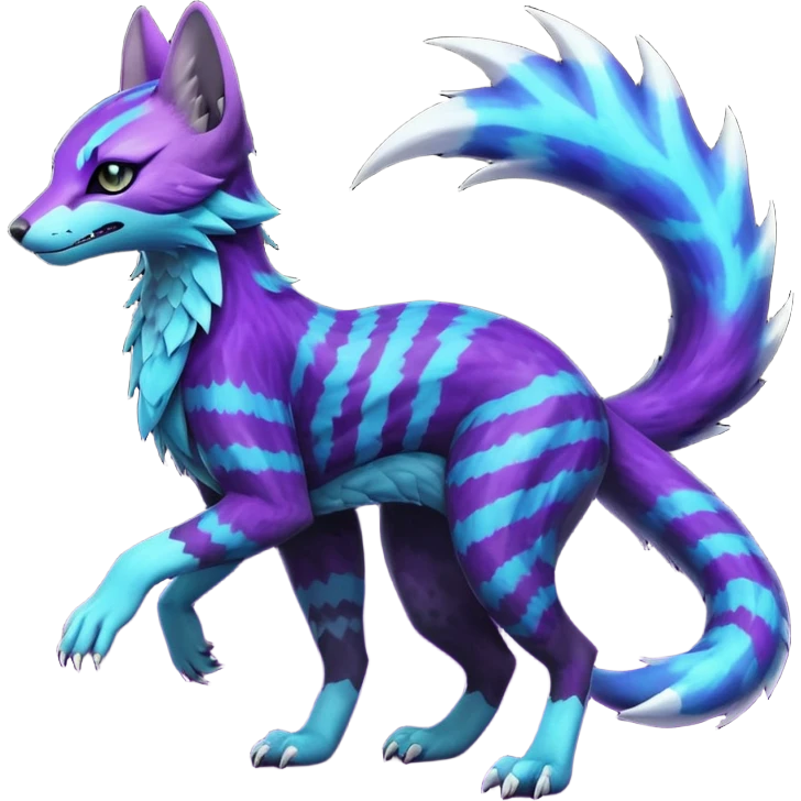 Feral Rare Fantasy  Black-Dark-Vortexed Lightning-strike-zig-zag-patterned striking purple-indigo-violet-blue-cyan-gradients with black points, white underside, galactic stormy edgy badass realistic Vernid-Sergal-Genet-Trico-species by LiLaiRa, full body emoji