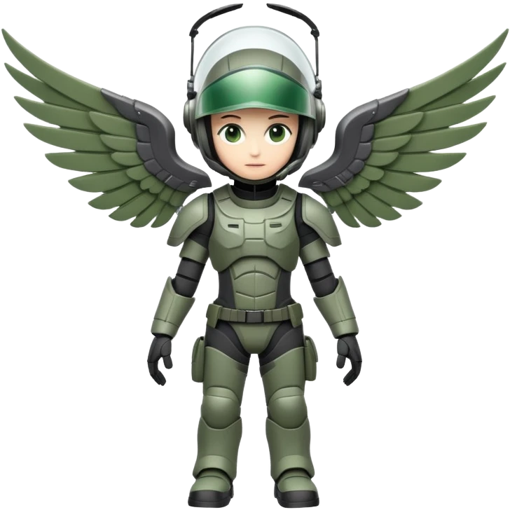 A character with a dark helmet and bright visor.
They wear a detailed grey and green tactical suit.
Large, articulated mechanical wings are spread wide. emoji