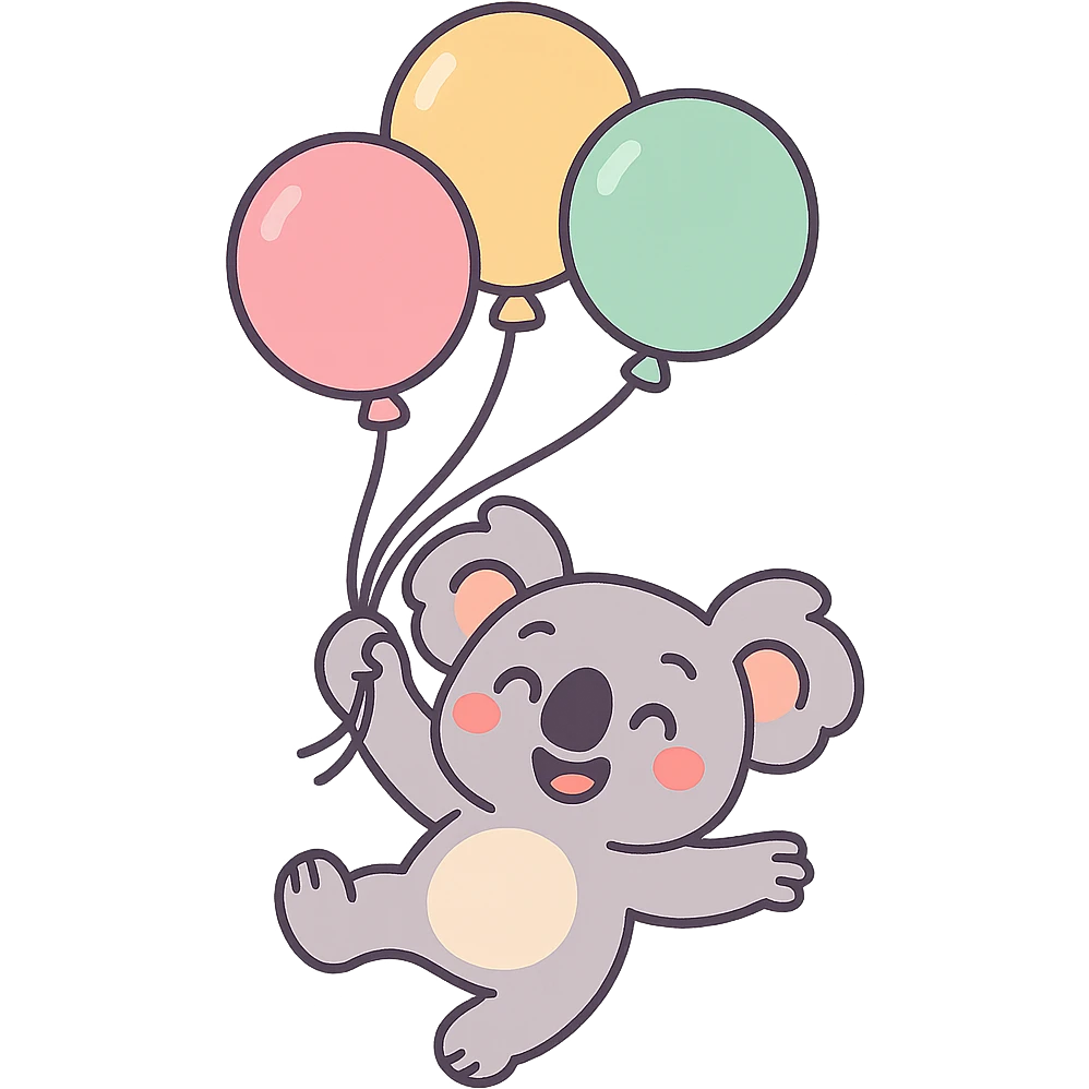 koala floating with pastel balloons, happy face, pastel-toon style emoji