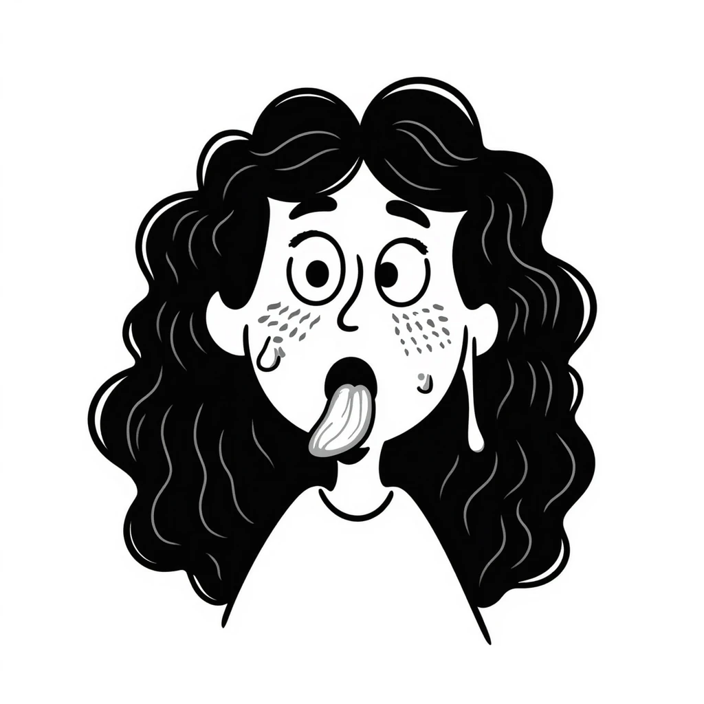shocked woman with long messy curly black hair, thick goopy white liquid on cheeks, lips, tongue, tongue out, eyes wide open, gunk dripping and matting hair emoji