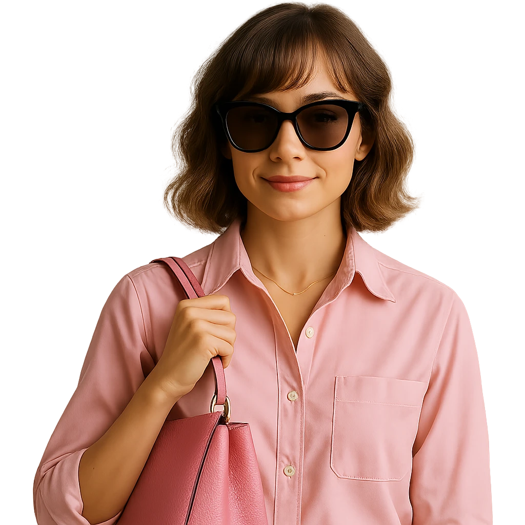 Add stylish sunglasses and a pink handbag in a realistic style. Keep the background transparent. emoji