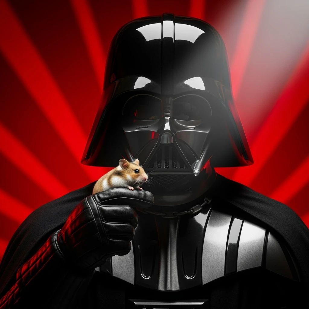 Closeup Photo of a darth vader holding hamster, low key light, red solid background with leading lines, back light, spot light emoji