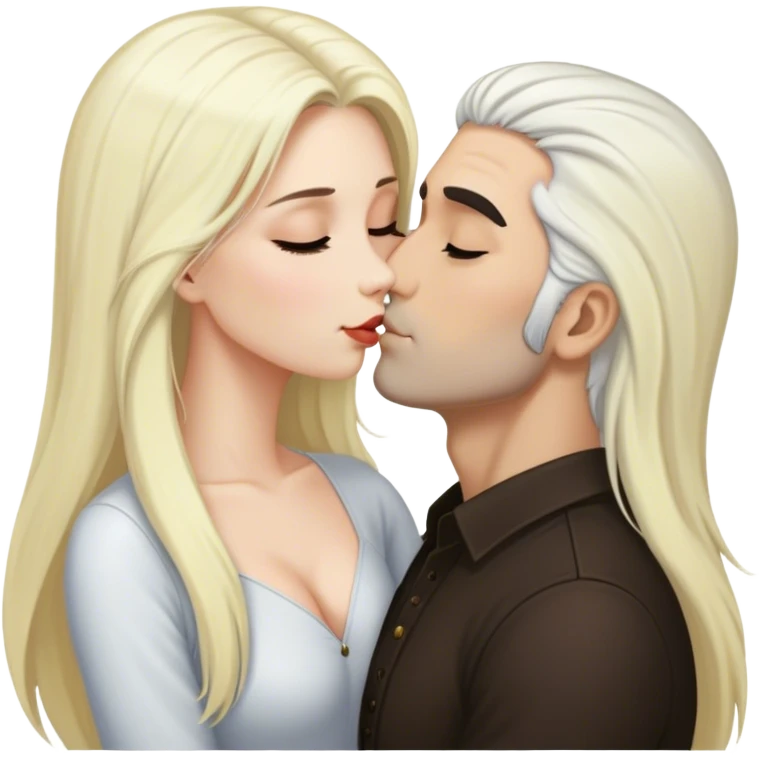 Блондинка с длинными белыми волосами целует парня с темными волосами emoji