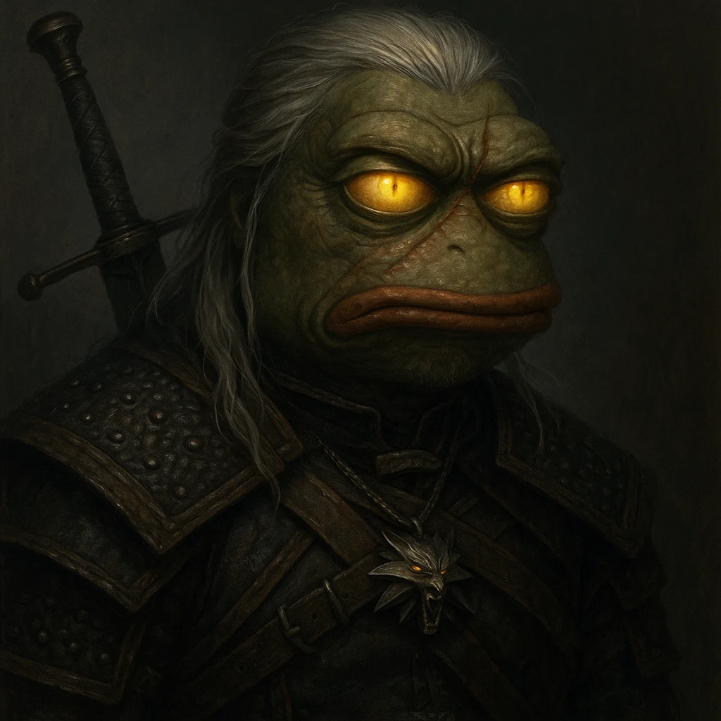 Пэпэ as a Witcher, with glowing yellow eyes and a scarred face emoji