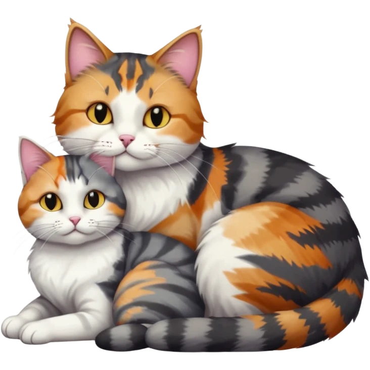 full body colourful light patched calico + white tabby cat cuddling a bigger cat that is dark grey and white tabby cat  emoji