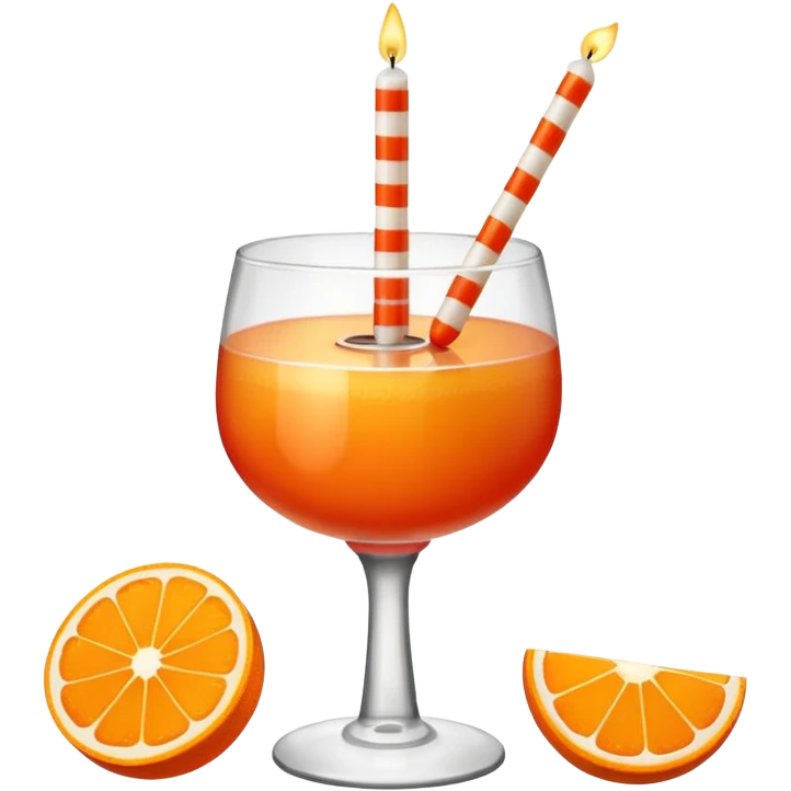 An orange with a horizontal red stripe around the middle. 4 vertical cocktail sticks in the orange with small pieces of candy on the sticks. On top of the orange a small white lit candle. The orange should be a piece of fruit not a drink.  emoji