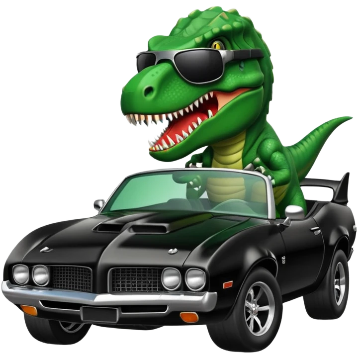 T-Rex driving a black muscle car wearing black luxury visor sunglasses emoji