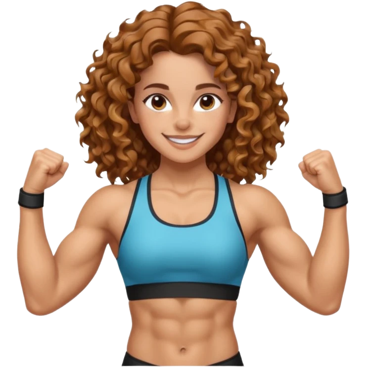 big biceps, muscled torso, very beautiful italian happy girl, looking like Emma Watson, with wavy curly bright hazelnut hair, dressed in a beautiful sports outfit, very muscled emoji