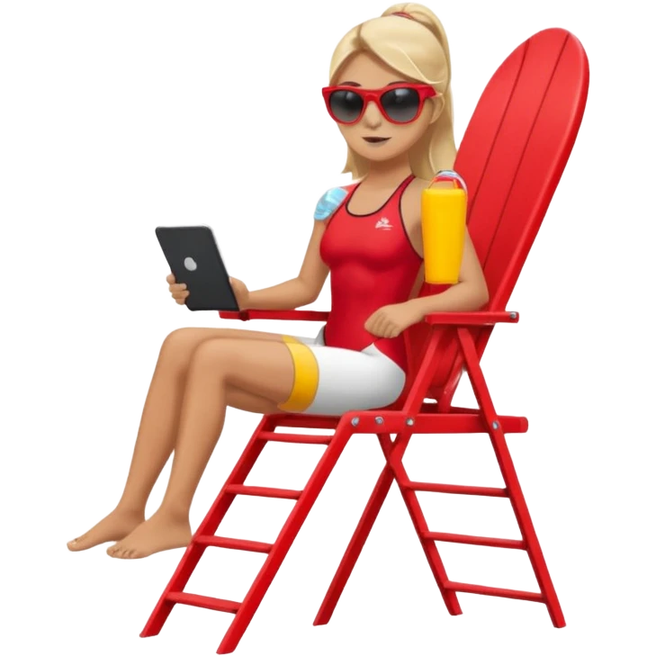 Female lifeguard – red swimsuit, sunglasses, sitting on tall lifeguard chair. emoji