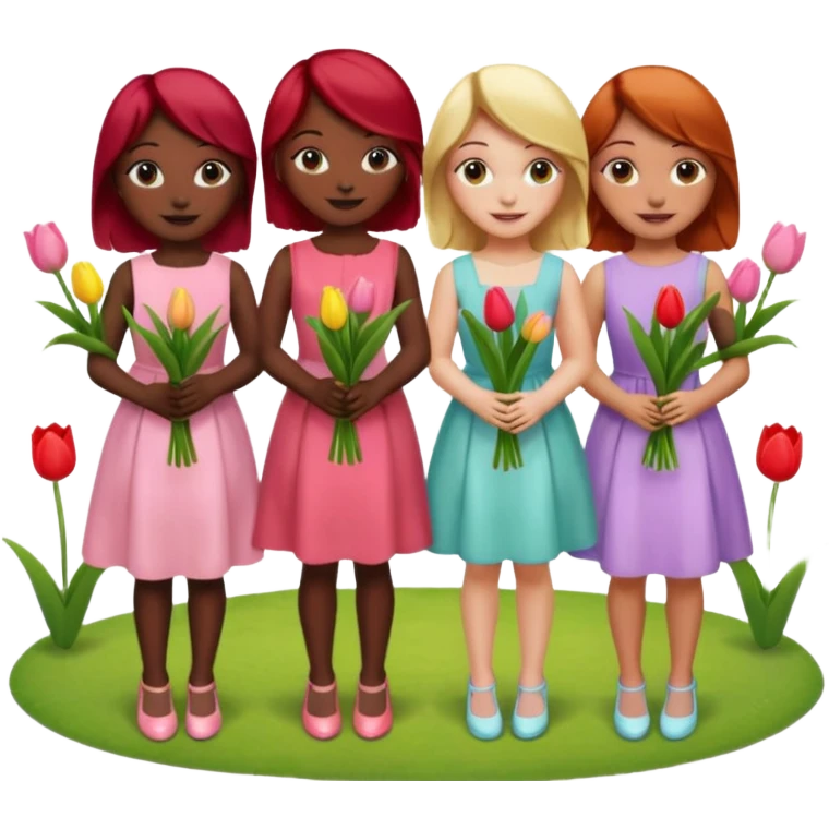 girls at a garden party wearing pastel dresses and holding tulips, one is black, one is blond, one has brown hair, one has red hair emoji