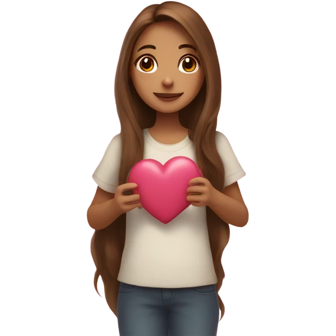 A girl with long brown hair with hearts all over and holding a heart out  emoji