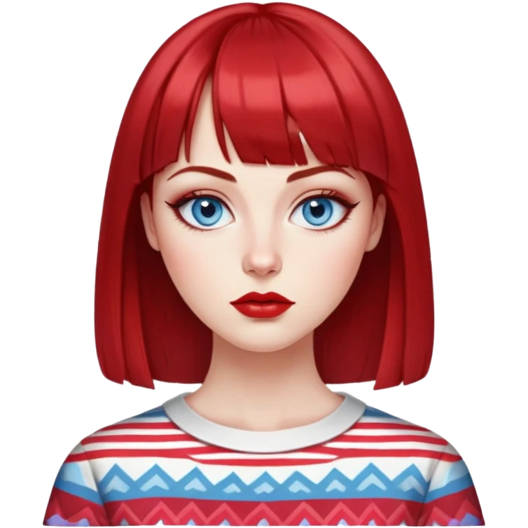 Creative woman with fair skin, oval face, striking blue eyes with eyeliner, thin eyebrows, small nose, medium lips with bright lipstick, dark red hair with straight bangs, wearing a red and white printed top, artistic expression emoji