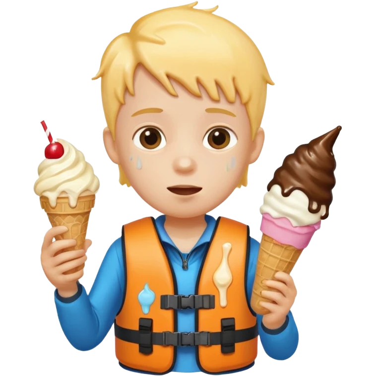kid wearing lifejacket, holding ice cream emoji
