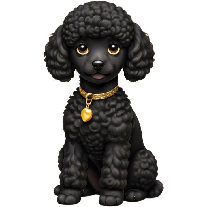 Cinematic Noble Black Poodle Portrait Emoji, Poised and regal, with a refined, elegant build and a meticulously groomed, curly jet-black Fur, deep-set soulful dark eyes, Simplified yet sharp and sophisticated features, highly detailed, glowing with a soft, dignified glow, high shine, intelligent and graceful, stylized with an air of sophistication, focused and attentive, soft glowing outline, capturing the essence of a watchful and confident companion, so majestic it feels as though it could prance out of the screen with effortless authority! emoji