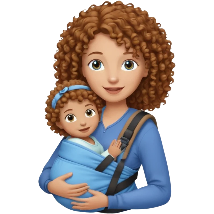 Caucasians light brown curly haired woman with brown skinned bay in carrier. Mom has blue eyes emoji
