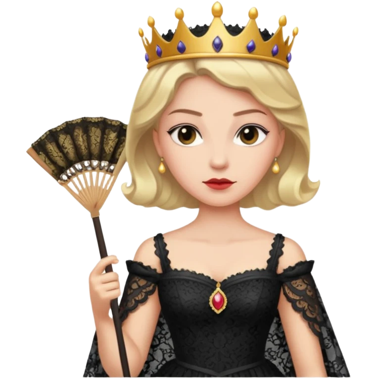 A stern queen with dark lace dress, holding a fan and observing with authority.
 emoji