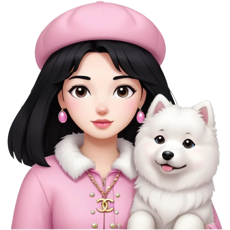 Black-haired girl in pink Chanel-style outfit with white Samoyed dog emoji