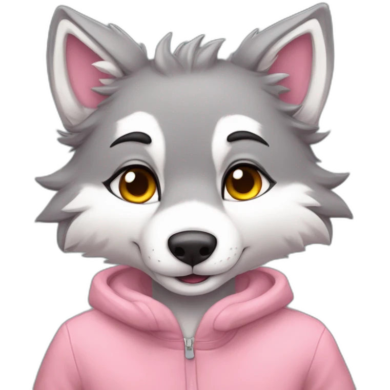 An full body furry anthropomorphic grey wolf in love rosy cheeks. Anthro. Hearts in air emoji