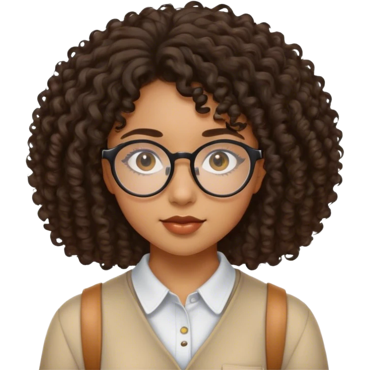 Étudiante (femme) de 20 ans noire métissée avec les cheveux bouclés, le visage ovale et des lunettes semi rondes et les yeux en amande  emoji