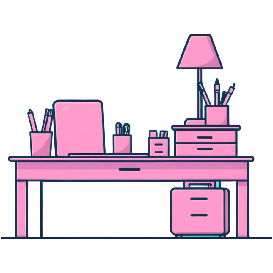 pink office desk with supplies emoji