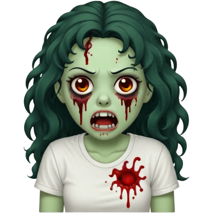 a zombie with long curly black hair volumoso, brown eyes, a white t-shirt and a splash of blood on her t-shirt, mouth open like a zombie, green skin color, not much expression, no drawing on shirt, no hands showing, less blood on her face, less blood, black hair and black eyes emoji