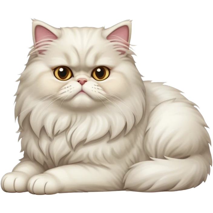 A fluffy Persian cat with a grumpy, lazy expression, lying down, barely raising one paw, cartoon style, transparent background. emoji