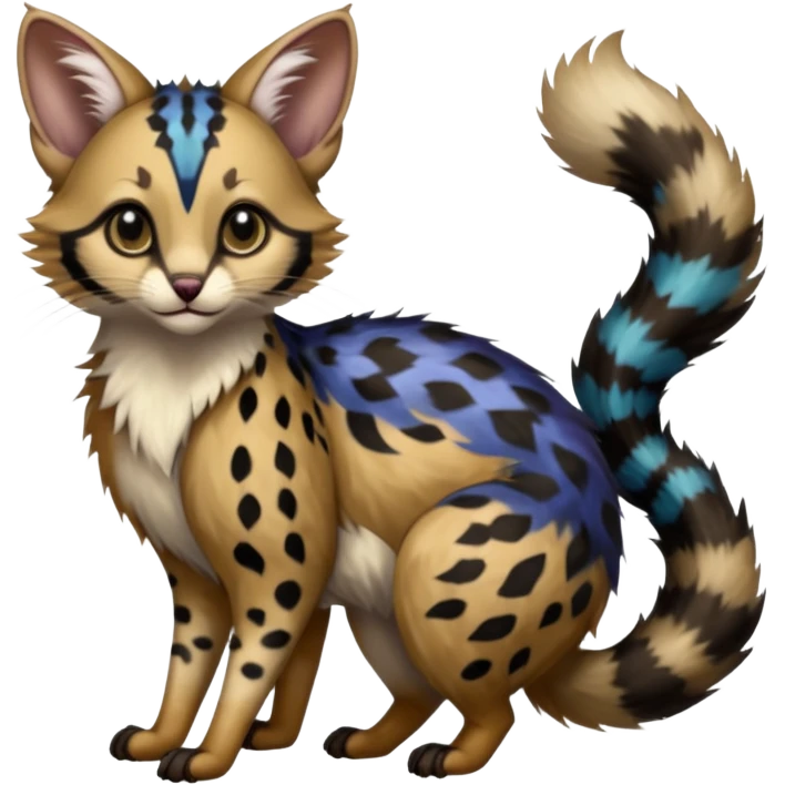  ink-black fur laced with oil-slick bronze and abyssal cobalt runes fur with random dark markings beautiful elegant pretty precious cute  Fakémon-Pokémon-opossum-feline-serval-caracal-chinchilla-Furret-Minccino-hybrid-creature with a big fluffy bushy tail (full body) emoji