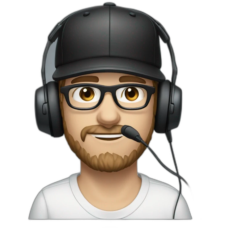 scruff white man in a backwards baseball black hat and rectangle glasses wearing headphones with microphone - brown hair blue eyes emoji