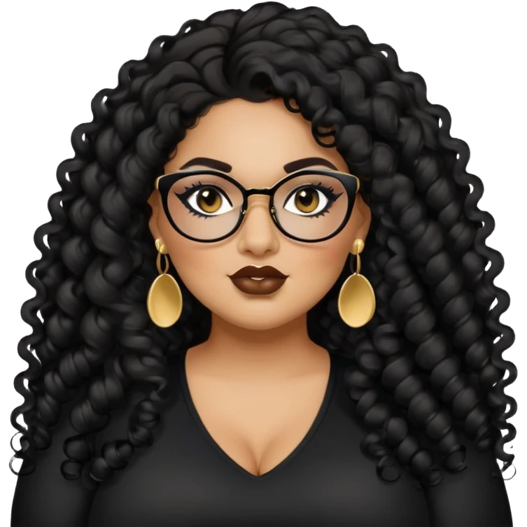 big plus size, latina, darker tan skin, long black curly hair, baddie,pretty, makeup, lipgloss, black eyeliner, long hair, small gold earrings, black top, black glasses emoji