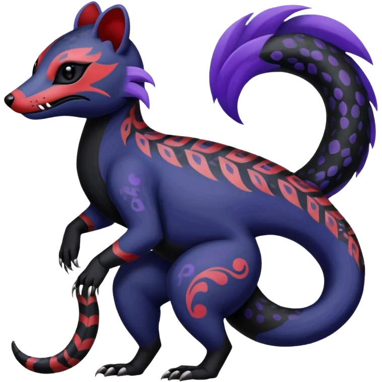 Rare warm-colored exotic gloomy tropical edgy cute epic aesthetic spooky indigo violet white black red gothic colorful Salandit-Noibat-Civet-species-Fakemon-hybrid-creature, with tribal tattoo markings, full body emoji