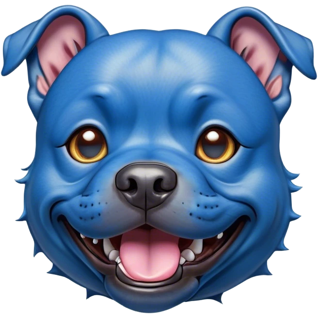 Cinematic Comical Blue Staffordshire Bull Terrier Portrait Emoji, Head tilted dramatically with an exaggeratedly amused expression, featuring a striking blue Fur with a subtle shimmer, wide, expressive dark eyes filled with playful disbelief, Simplified yet hilariously expressive features, highly detailed, glowing with a slightly sassy glow, high shine, dramatic yet playful, stylized with an air of cheeky mischief, bright and endearing, soft glowing outline, capturing the essence of a spirited and over-the-top guardian, so meme-worthy it feels like it could side-eye its way into internet fame instantly! emoji