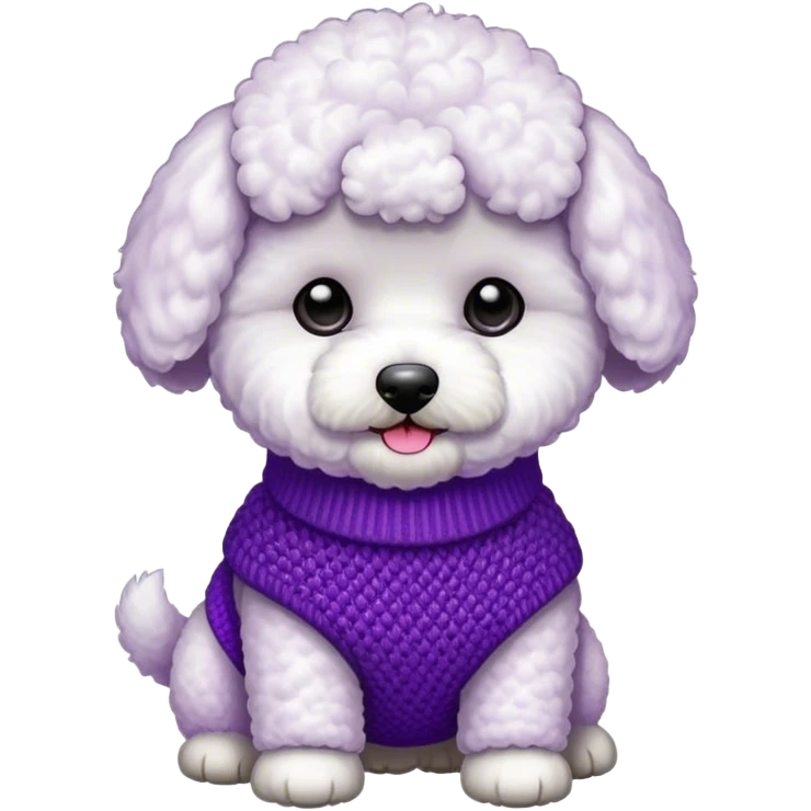 Bichon wearing a purple knit emoji