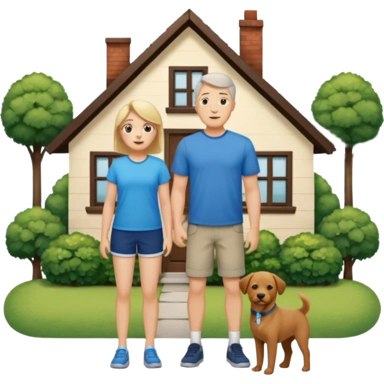 a mom and dad standing in front of a house with their son and a dog next to them (1 dog) and 1 SON not daughter the son should be very short emoji