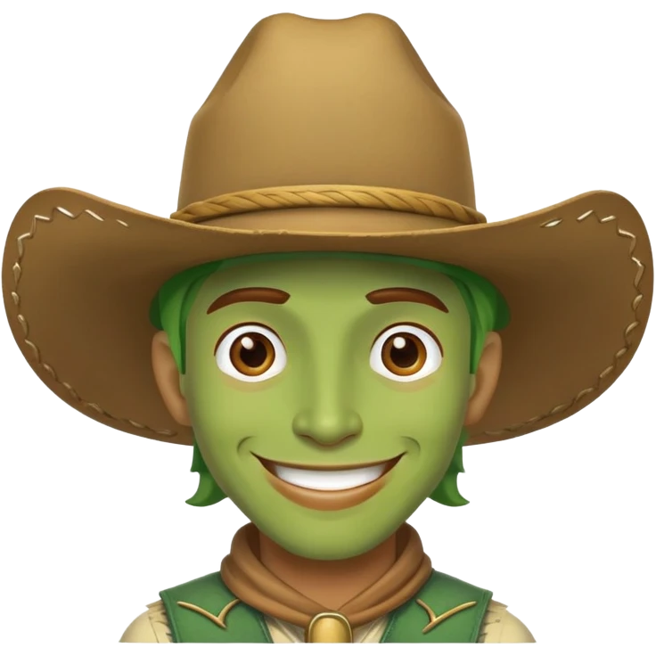 A green cowboy, smiling face with a cowboy hat and green skin emoji