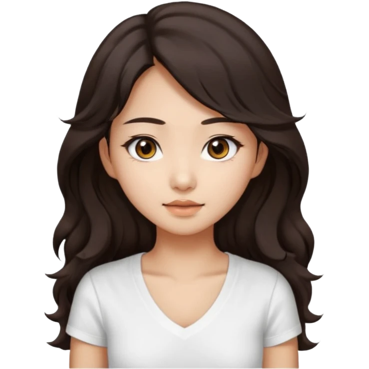 iOS style emoji. girl with very long dark brown wavy hair. And the eyes color is dark brown. And she is wearing white t shirt with V kneck. And she is 30. She is Asian with double eyelids  emoji