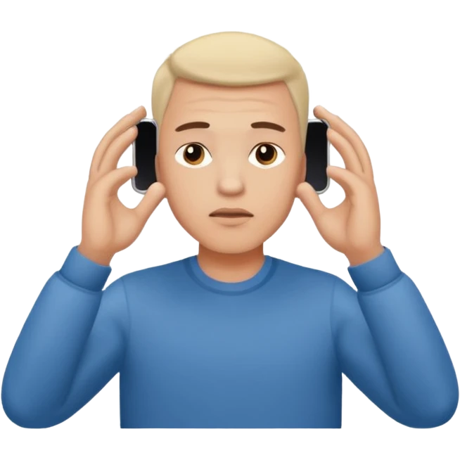 a guy holding 1 smartphone with both hands, smarphone should be horizontal, on top of his forehead emoji