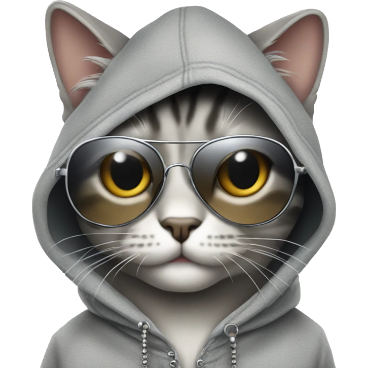 Grey tabby cat wearing hoodie, sunglasses and chain necklace emoji