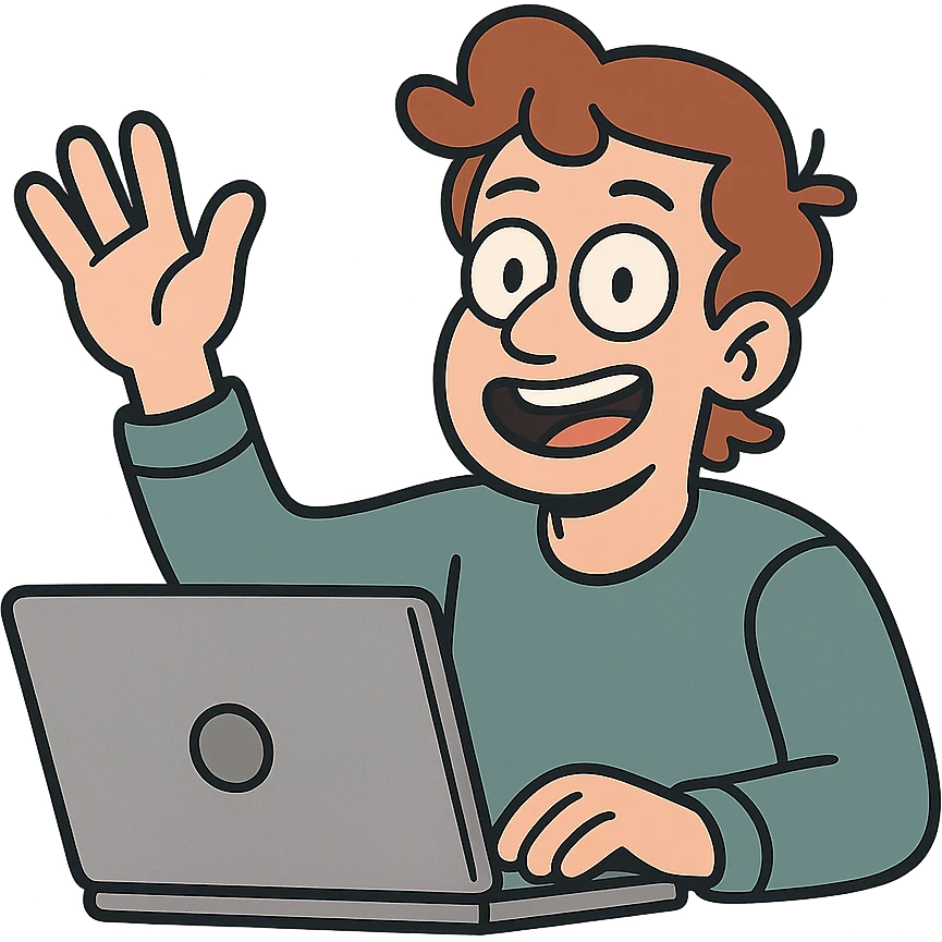 cartoon style person with laptop raising hand, no background emoji