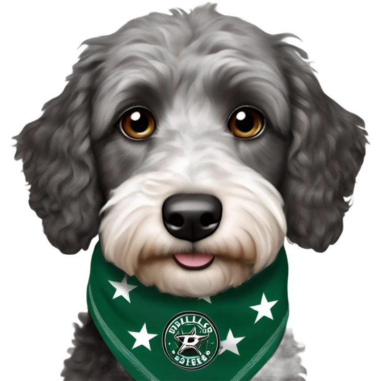 Aussiedoodle wearing a neck bandana with the NHL Dallas Stars hockey team logo emoji