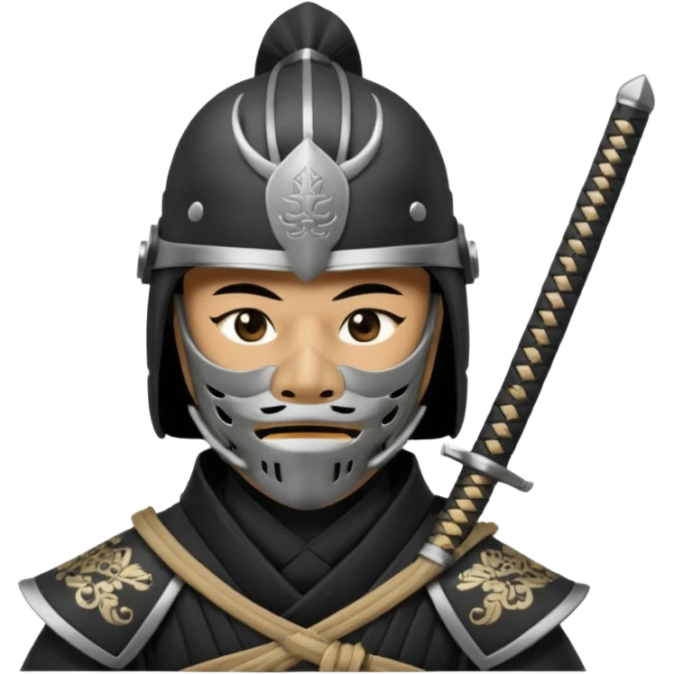 Samurai with helmet and a detailed mask covering their mouth and they are drawing out their sword emoji