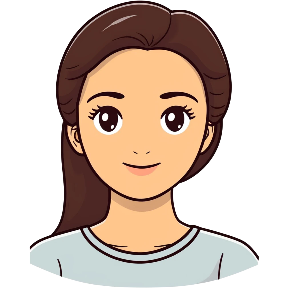 young woman with long dark brown hair, oval face, warm skin, thick eyebrows, large brown eyes, gentle smile, surrounded by palm trees, pineapples, oranges, lush green leaves, tropical botanical illustration, vibrant colors, sticker-like white outline emoji