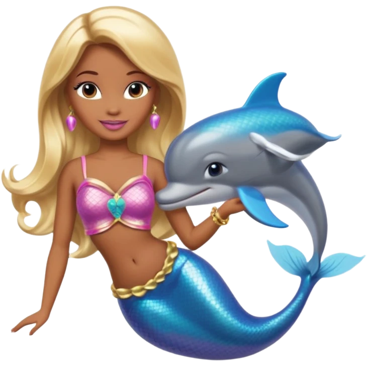 Brown skin blonde hair barbie mermaid with dolphin  emoji
