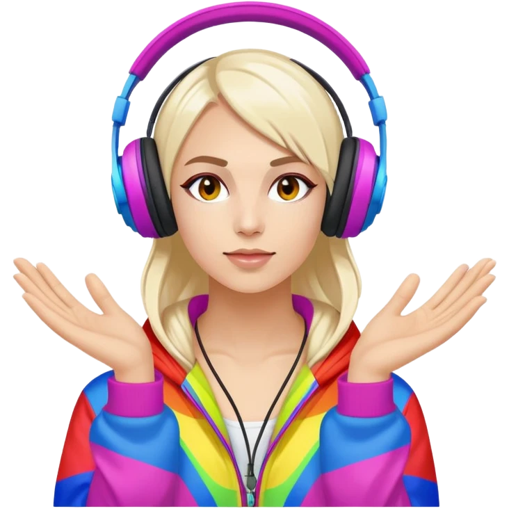 Russian rave artist with headphones and colorful outfit performing emoji