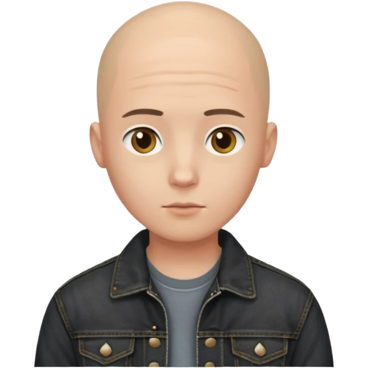  a young man with bald head, black jeans jacket emoji