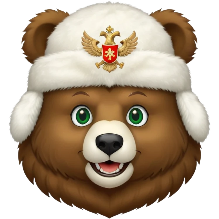 Grinning Russian bear with forest green eyes, fluffy white ushanka hat adorned with double-headed eagle coat of arms emoji