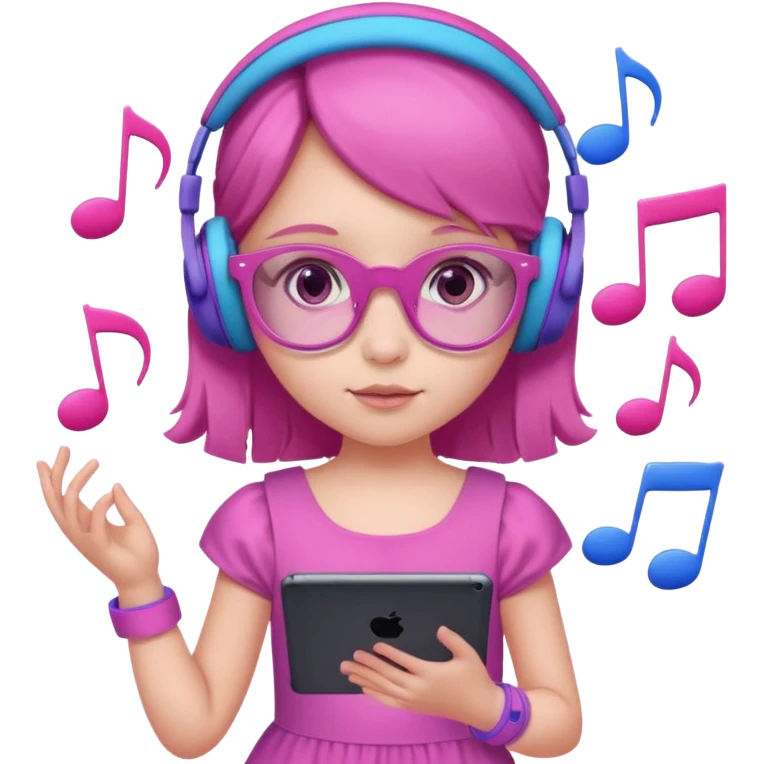 Little girl with purple headphones when pink eyes and pink iPad and pink dreamy background and rose colored glasses and blue music notes around her and pink dress emoji
