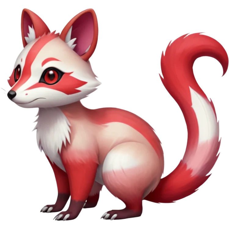 Cool Smooth Asian oriental painted silky soft White white with red gradients, and slit eyes markings beautiful handsome gorgeous aesthetic colorful vibrant Vernid-Trico-Marsupial-Furret-Zangoose-species-Fakemon-creature by LiLaiRa, 4 legs, 1 tail, random markings, (full body) emoji