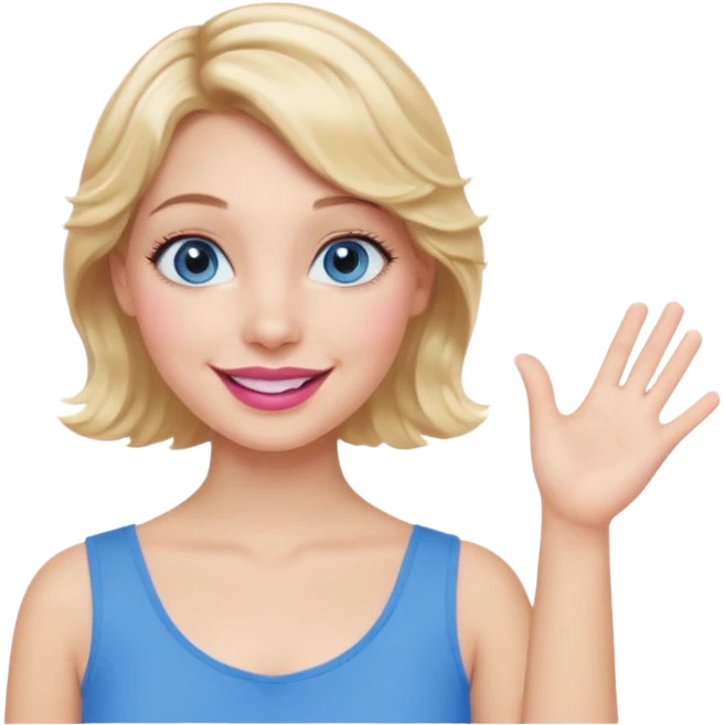 Girl Blonde short wavy hair,  blue eyes, cute blue top, long lashes, pink lips, smiling, one hand in the air emoji